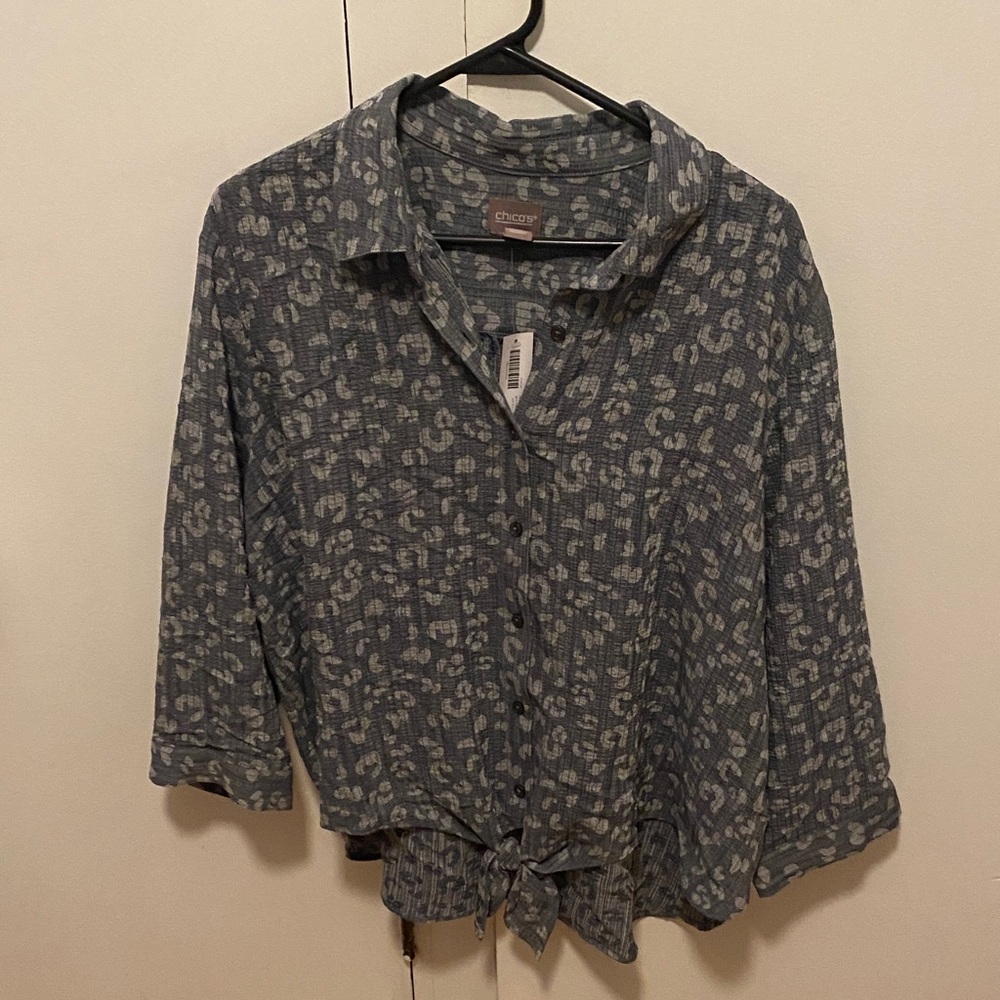 Chico's Blue and White Button Down Shirt with front tie